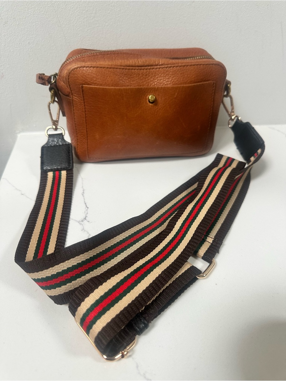 Madewell Leather camera Crossbody Bag with unbranded Striped Adjustable Strap